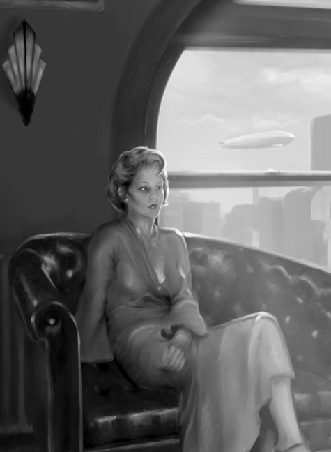From Moonstone Books, series, "The Spider," the 1930s crime fighter. This is a detail of the full illustration showing Nita, the Spider's female associate as she relaxes in his penthouse apartment. I had fun making this the visual apotheosis of '30s New York City existence... deco design, an airship wafting over the skyline, a lovely women in a slinky gown...